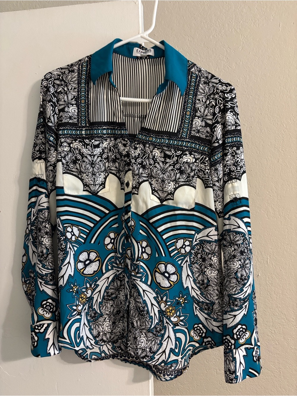 Express Size S Teal & Black Patterned Long-Sleeve Woman’s Shirt